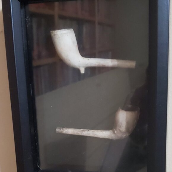 ESTATE SALE BUNDLE, FRAMED VINTAGE PIPES, PANS, Q SHEET, MOUNTED LARGE BASS FISH - Picture 3 of 7